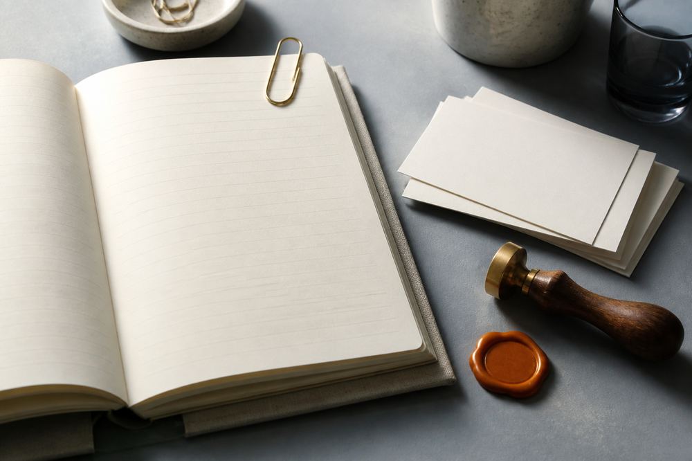 Notebook, index cards and a stamp on a grey-blue desk